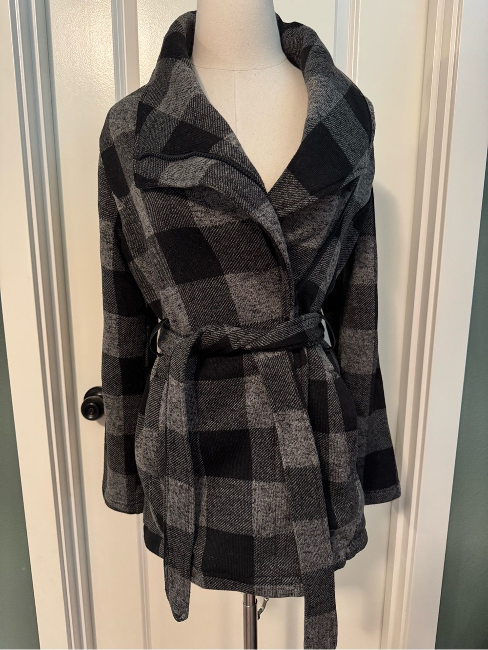 CoffeeShop Black and Gray Plaid Belted Wrap Coat